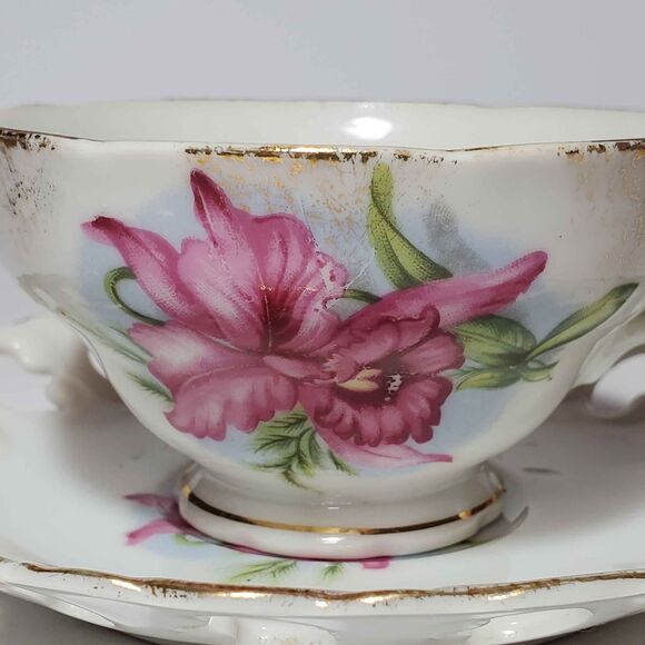 Lefton Teacup and Saucer Pink Orchid Vintage Reticulated - Picture 3 of 9